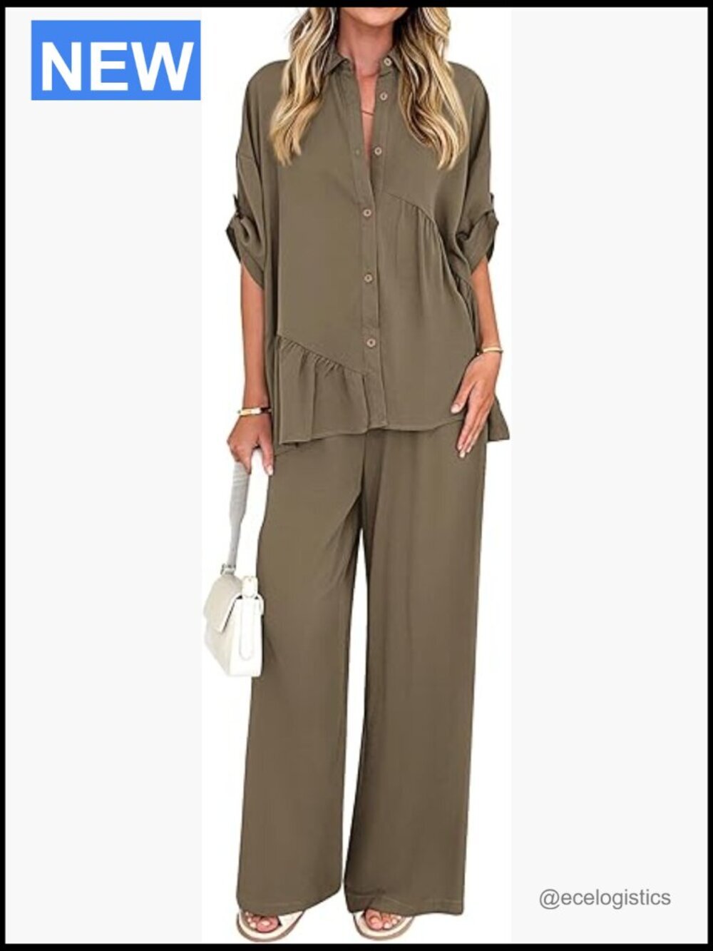 Two Piece Set Button Down Shirt Wide Leg Pants Lounge Outfit